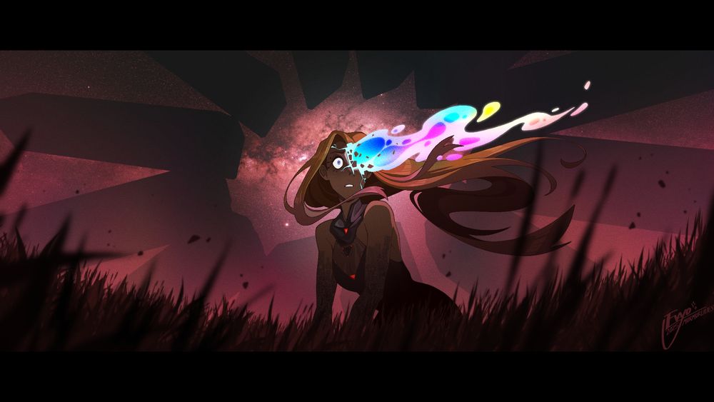 artwork depicting a surreal moment with Tenma-00. she's found herself on her knees in a field of grass, hair caught in the wind as the distant and incomprehensibly massive silhouettes of the Obelisks slowly turn against a blood-red starry sky. a rainbow-colored void leaks from the fracture on the left side of Tenma's face. she looks past the camera at something, wearing a horrified and guilt-ridden expression.