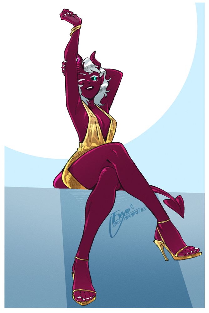 colored version of a previous commission for @tieflingmodesty.bsky.social. their OC Modesty is seated on a ledge with her legs crossed, wearing a shiny gold cocktail dress and open-toed heels.