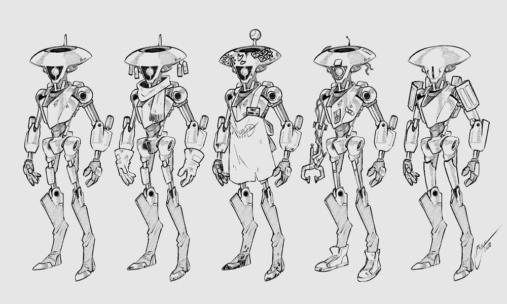 concept sketches from 2022 showcasing Autoframe robots in varying states of disrepair. some have had their parts replaced, whereas others appear to have been affectionately drawn on and fitted with various articles of human clothing.