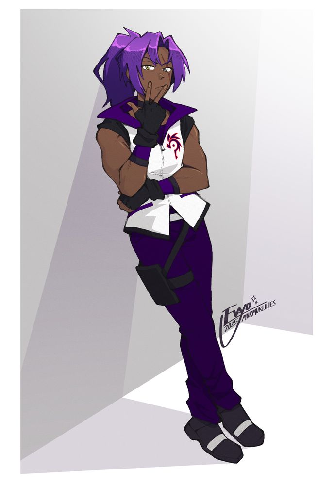 commission for @fallsmyer.bsky.social featuring their avatar, Fallsmyer. they are leaning against a wall with their legs and arms crossed, one hand held up to make a "W" sign at the viewer.