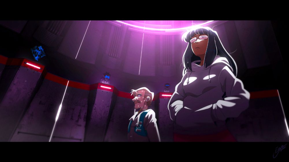 a sequence of old concept images depicting my OCs Rosaline Belville and Daniel Briggs in a tense meeting with the enigmatic Manifold Consensus. the two stand in the middle of a circular courtroom as the elderly puppet masters look down on them from raised platforms. there is a mural beneath their feet which seems to depict the events of the Roar in a pseudo-religious context. Briggs breaks into a nervous sweat, but Belville remains unperturbed by the Manifold's stern warnings.