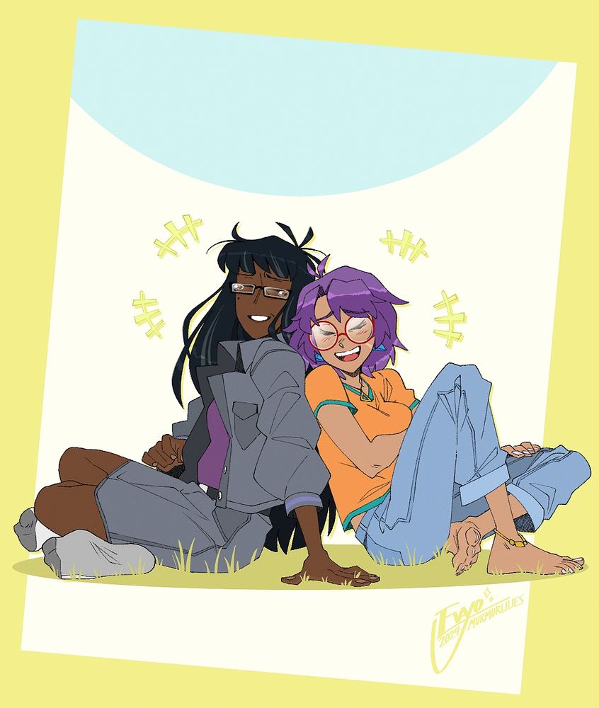 old artwork of my OCs Rosaline Belville (left) and Maya Widmore (right), in a situation which represents the later stages of their development. the two sit side by side in the grass, tears in Belville's eyes as they laugh together. Maya's hair is slightly longer and she has a visible scar on her left cheek.