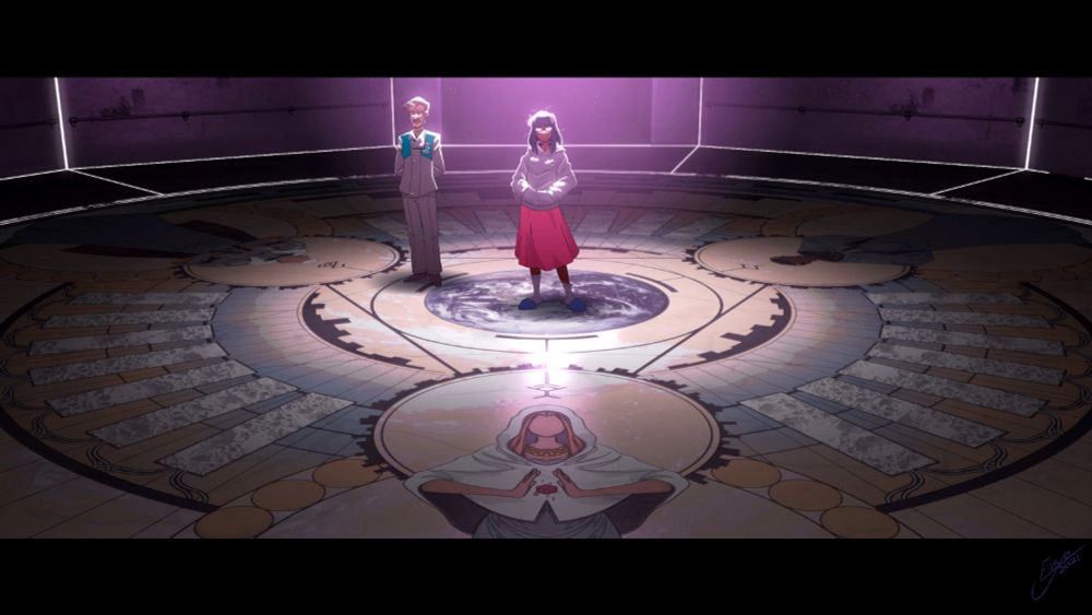 a sequence of old concept images depicting my OCs Rosaline Belville and Daniel Briggs in a tense meeting with the enigmatic Manifold Consensus. the two stand in the middle of a circular courtroom as the elderly puppet masters look down on them from raised platforms. there is a mural beneath their feet which seems to depict the events of the Roar in a pseudo-religious context. Briggs breaks into a nervous sweat, but Belville remains unperturbed by the Manifold's stern warnings.