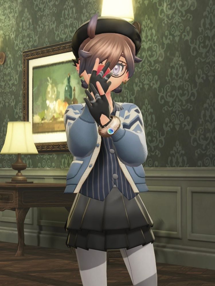 various screenshots from the video game Pokemon Legends: Z-A, which show my trainer Crime Bébé striking various poses in the lobby of Hotel Z. she is wearing a blue cardigan over a striped navy blue collared shirt, a black skirt with a pair of light gray leggings, a black beret, black three-finger gloves, black sneakers, multicolor lightning earrings, and mottled glasses.