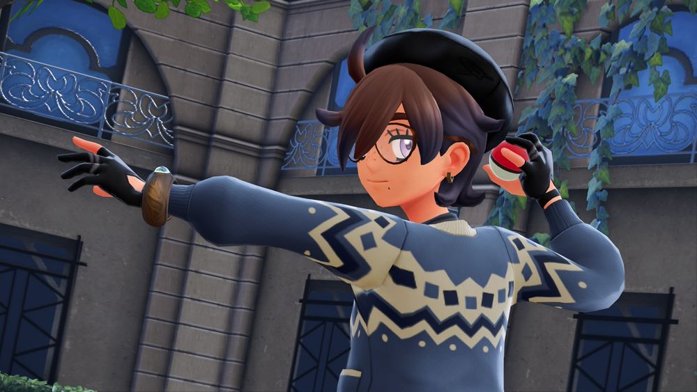 various screenshots from the video game Pokemon Legends: Z-A, which show my trainer Crime Bébé striking various poses in the courtyard in front of Hotel Z. she is wearing a blue cardigan over a striped navy blue collared shirt, a black skirt with a pair of light gray leggings, a black beret, black three-finger gloves, black sneakers, multicolor lightning earrings, and mottled glasses.