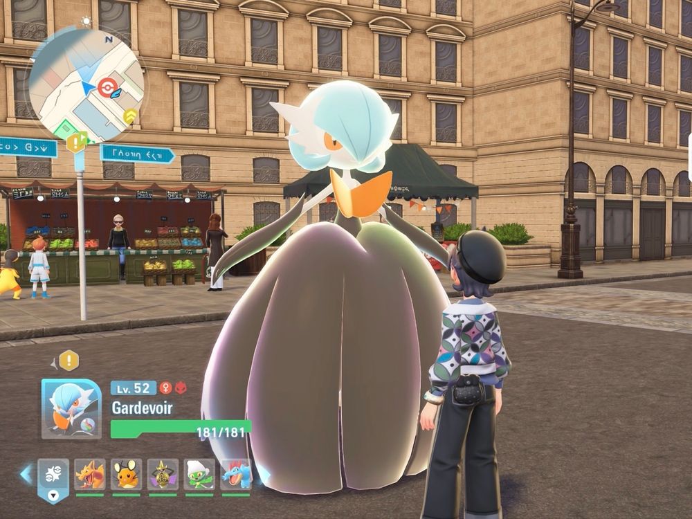 screenshot from the video game Pokemon Legends: Z-A, which shows my trainer Crime Bébé looking up a shiny alpha Gardevoir in her Mega Evolved form.