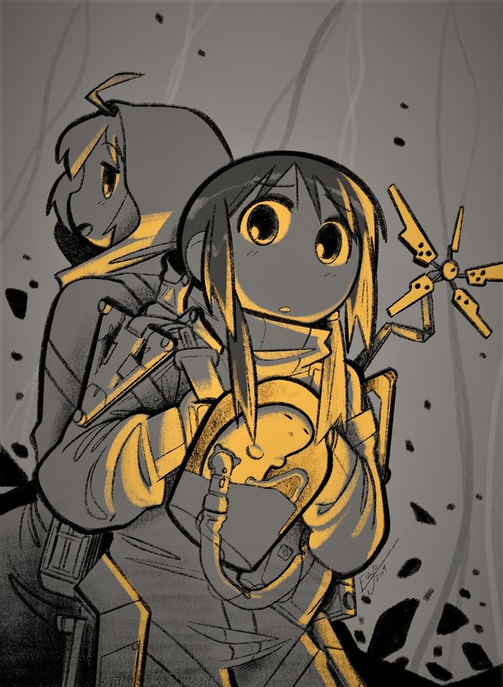 Death Stranding parody artwork featuring Yuuri (left) and Chito (right) from the Girls' Last Tour manga series. Chito is carrying Yuuri on her back. Nuko is also present in the pod on Chito's chest, acting as a Bridge Baby.