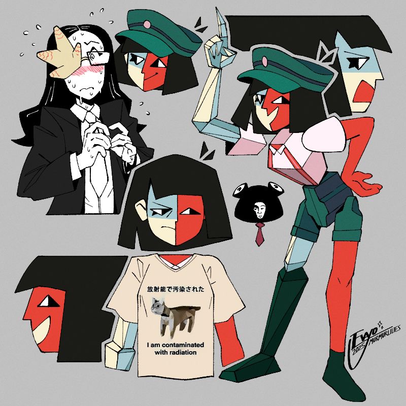 multiple drawings of Ena from the indie game ENA: Dream BBQ, showcasing the different aspects of her personality. one drawing depicts her wearing a t-shirt emblazoned with an image of a polygonal cat and text reading "I am contaminated with radiation." in another we see her disembodied head orbiting curiously around Coral Glasses, who is blushing and sweating nervously while averting her eyes. Froggy is also here.