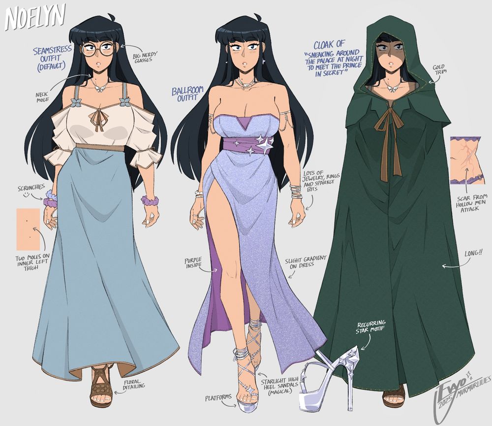 design sheet featuring various looks for my OC Noelyn. outfits depicted include her default seamstress attire, a sparkling ballroom dress, and a hooded green cloak. points of interest are highlighted such as the star motif on her magic high heel sandals, a pair of moles on her inner thigh, and a scar on the side of her abdomen, among many others.