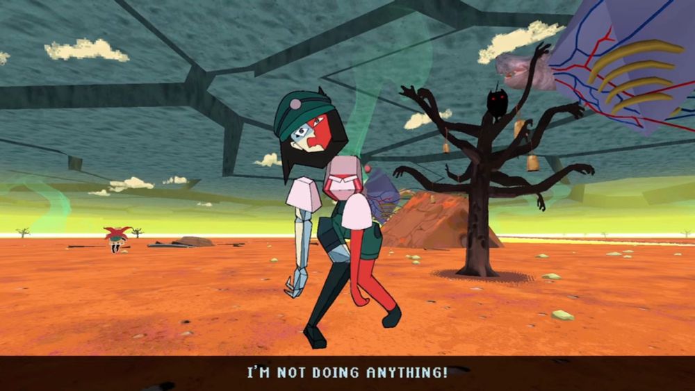 screenshot of Ena from the indie game ENA: Dream BBQ. she is in distress, standing in the middle of Lonely Door, her dialogue reading "I'M NOT DOING ANYTHING!"
