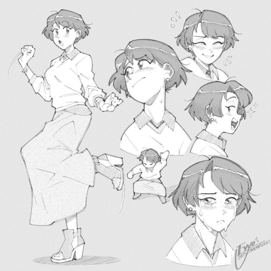 sketch sheet featuring @spacetravels.bsky.social's OC Payton, shown in a variety of poses and with several different facial expressions. she is depicted wearing a collared shirt, a long-sleeved sweater, a maxi skirt and a pair of open-toed boots with chunky heels.