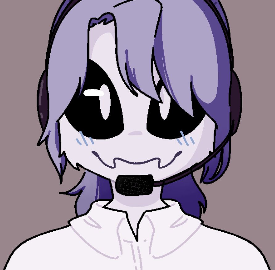 Image crop of Aubrey, a humanoid moth. The art depicts them with a deep red-purple headset with an extended microphone (similar to what a call center employee would wear), and a white button-up shirt.