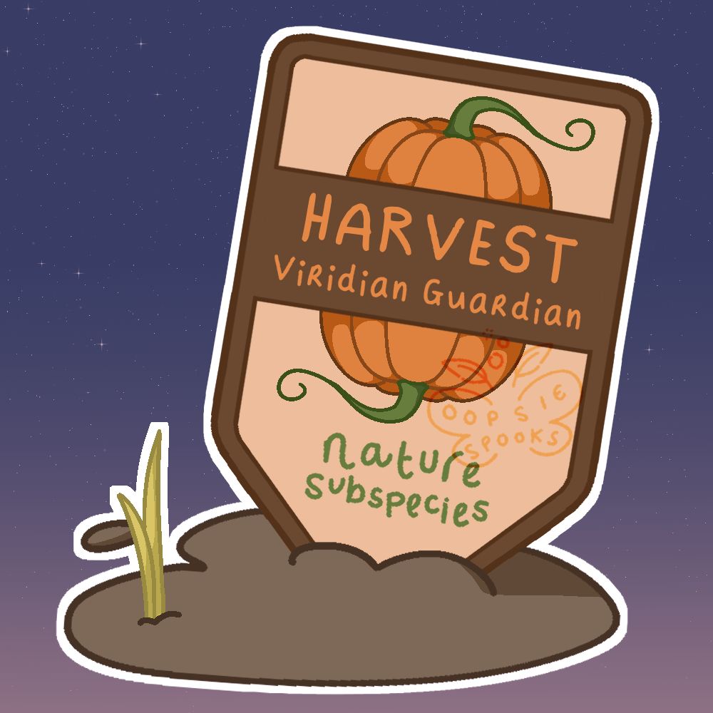 Image of a plant label stuck in some mud. The label itself has brown trim, a pastel orange background, and imagery of bright orange pumpkins with curly green stems. The label reads "Harvest Viridian Guardian, Nature Subspecies".