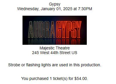 Shows my purchased digital rush ticket for $54 to Gypsy 