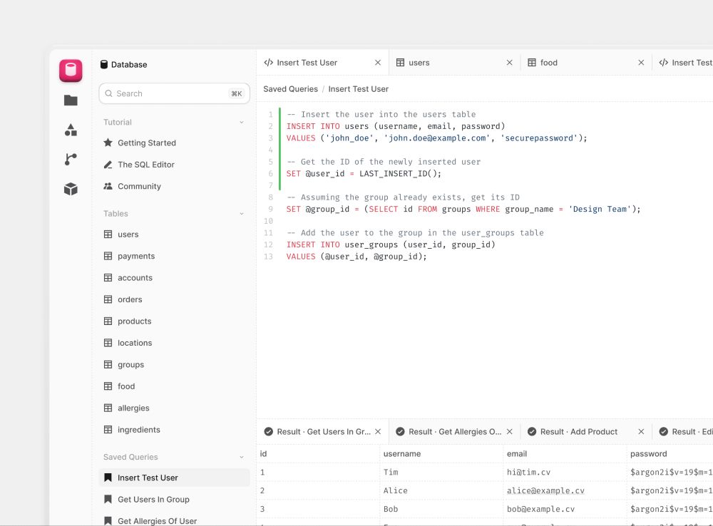 A simple database client interface mockup