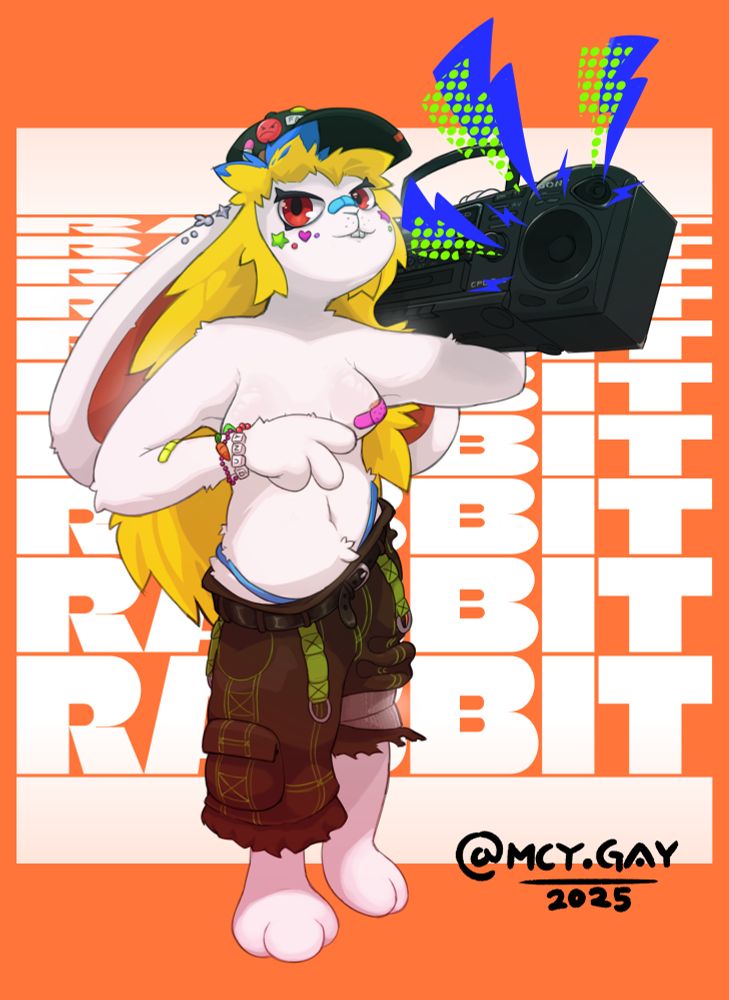 a topless white anthropomorphic rabbit girl with long blond hair stands in front of an orange background with the word rabbit repeated over and over. she's wearing ripped up tripp pants and is carrying a big boombox