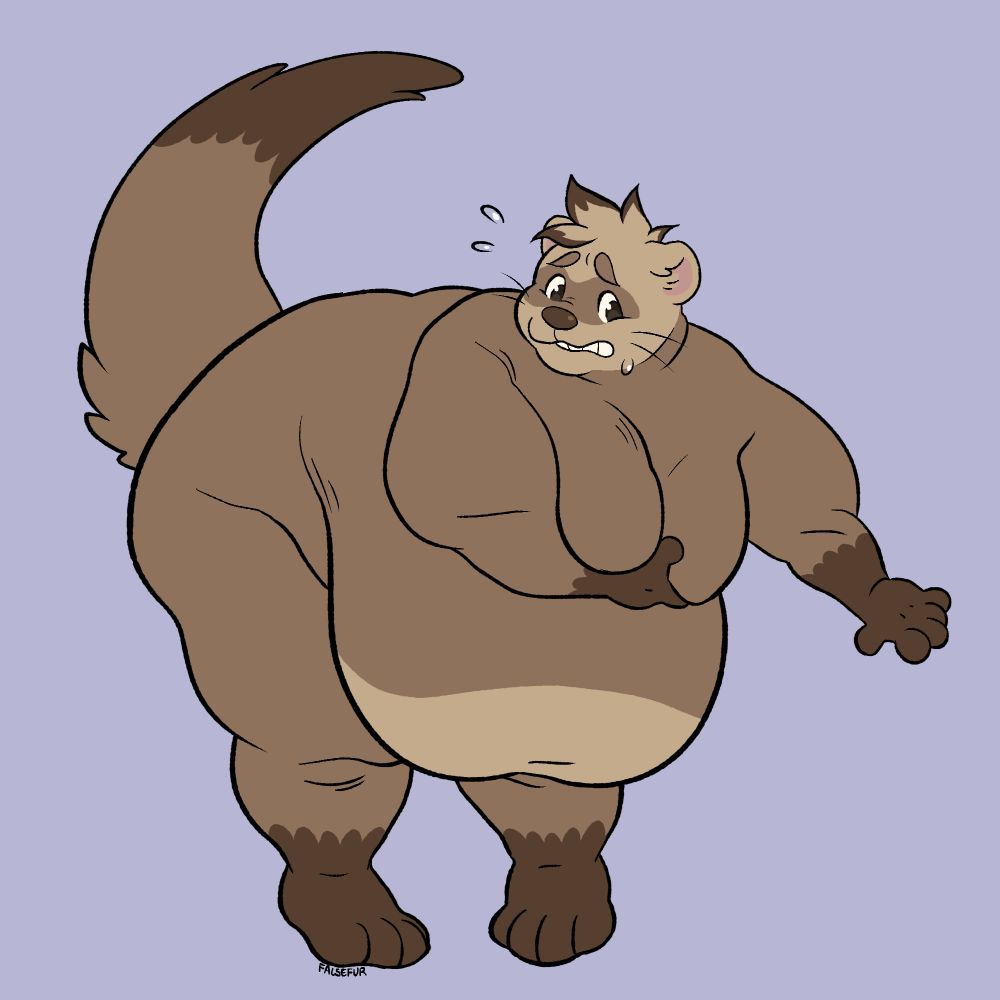 A flat color drawing of a fat otter furry, bent over and holding his plump breasts that hang over his massive belly, with a nervous expression on his face.