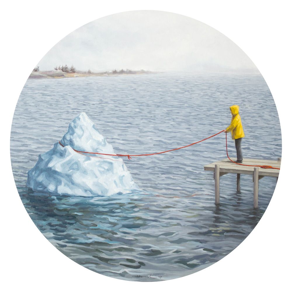 Painting of a person wearing a yellow rain jacket standing on a dock on the water, trying to hold on to an iceberg with a red rope.