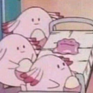 low-res screenshot from the Pokemon anime series of three Chanseys standing next to a hospital bed where the Pokémon Ditto is laying and looking derpy
