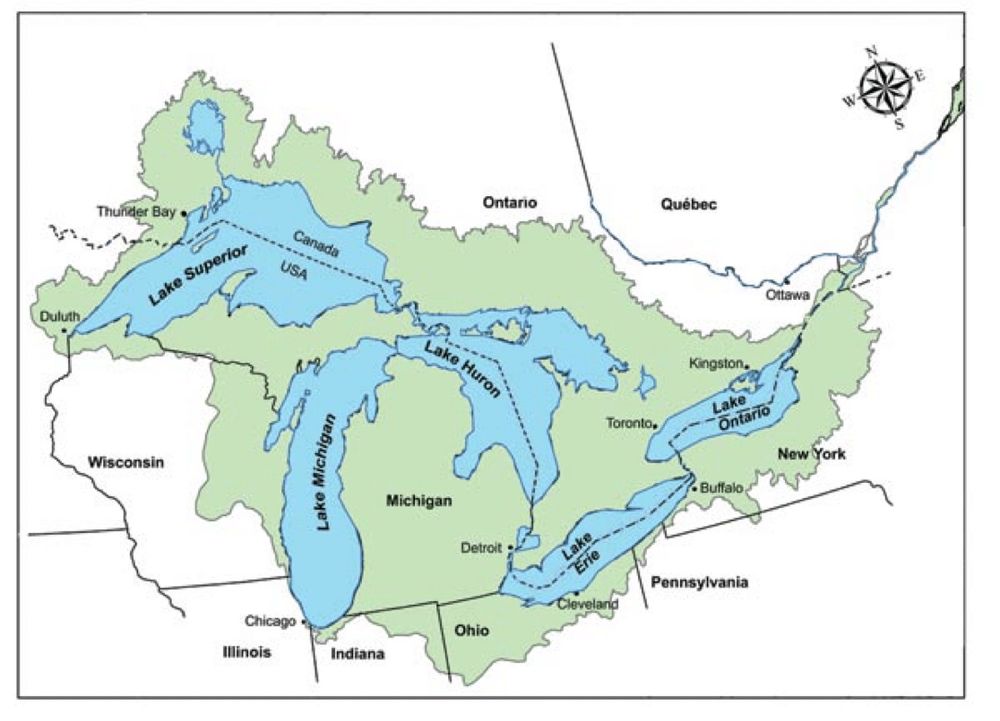 A map of the Great Lakes and surrounding areas. The extended boundaries of the lakes are colored green, indicating hypothetical boundaries of a Great Lakes Autonomous Zone 