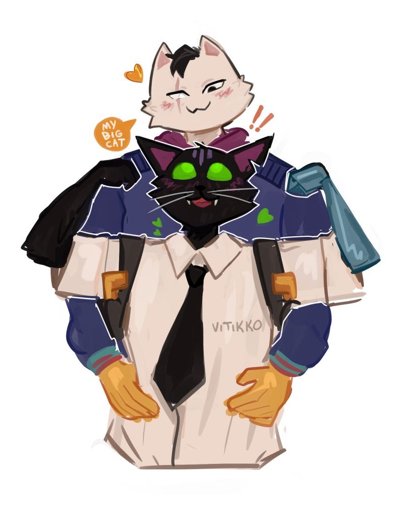 Digital illustration of Meowdas and Nyanja from Fortnite, wearing each other’s outfits. Nyanja flexes his arms while wearing Meowdas’ oversized shirt, looking up. Behind him, Meowdas gazes down at Nyanja’s face with a smile, saying, 'My big cat'.