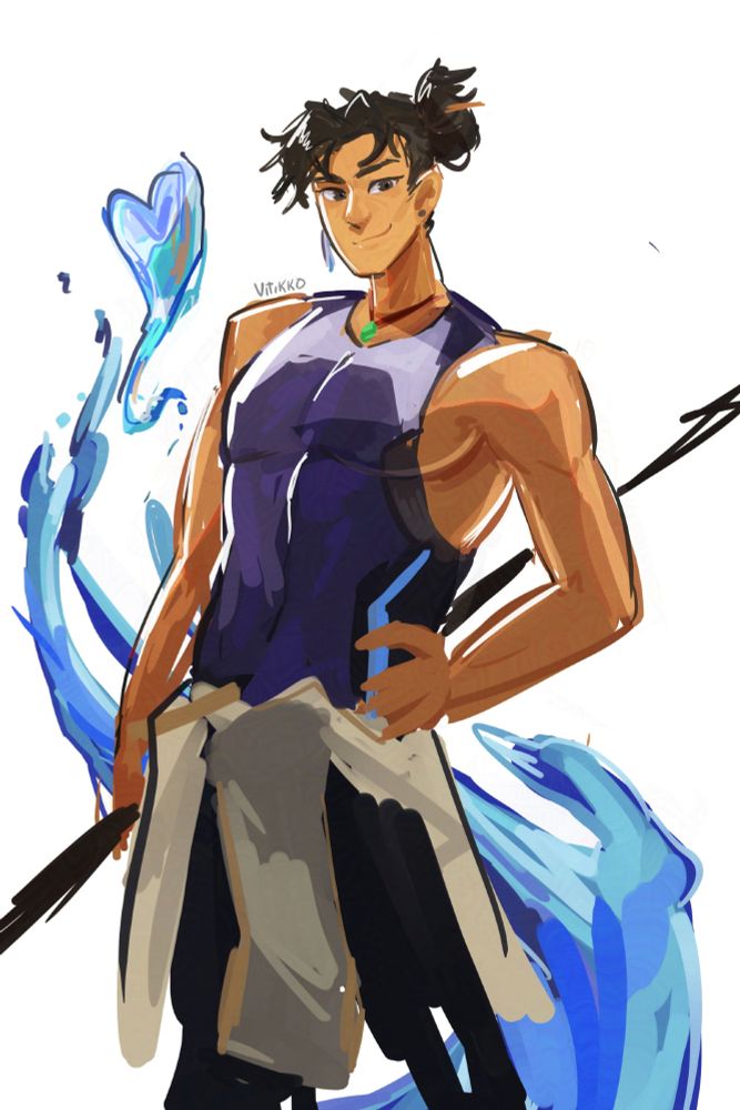 Digital sketch of Wuyang from Overwatch 2. He poses with one hand on his hip and the other holding his staff, smiling at the camera. Behind him, a floating stream of water forms a heart.