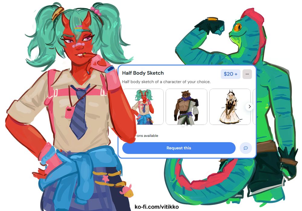 Image announcing the opening of Half Body Sketch art commissions. The image features two sketches of Fortnite characters, Nemia and Lizzik. In the center, a cropped screenshot of Ko-fi displays the text: 'Half Body Sketch $20+ Half body sketch of a character of your choice.
