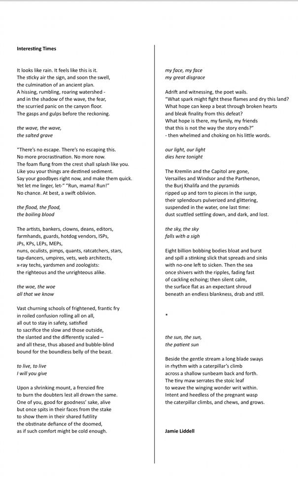 A poem about a watery apocalypse. Nine verses of seven lines, with small couplets between them. 