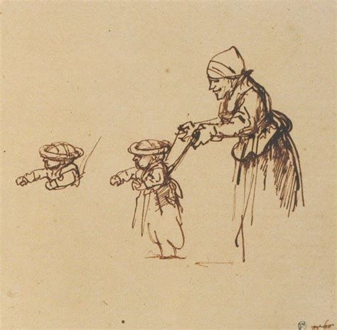 Drawing from the middle ages of a mother holding the reins of a harnessed toddler, walking away from her