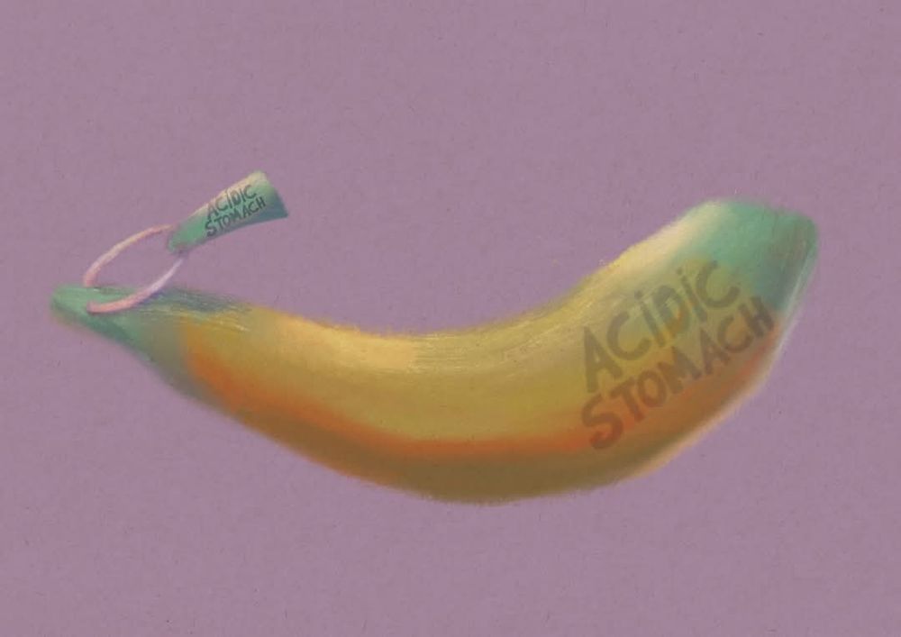 A drawing of banana with yellow and teal colored on both ends with hanged tag on the stem with pale purple background 