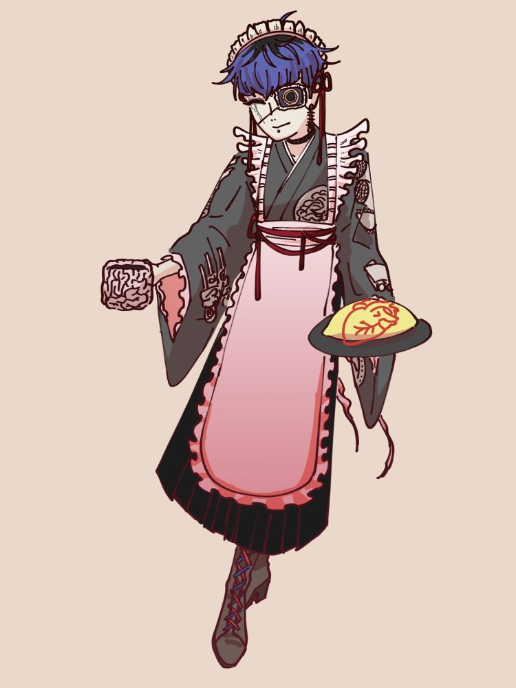 Same as the previous image, but with an added design on Yugamu's kimono. Instead of the human hands and organs on his canon design, this design stylistically depicts various East Asian dishes, mostly offal dishes that use animal organs.