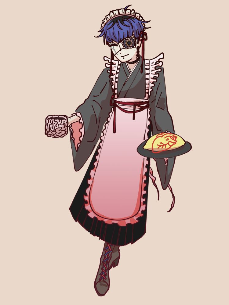 Fan art of Omokage Yugamu from Hundred Line wearing a kimono-style (wafuu) maid uniform, with details that reference various body parts, such as frills that resemble human teeth or bones. He is carrying a mug with a brain-like design, and an omurice dish with a realistic human heart drawn in ketchup instead of the usual heart symbol. The laces on his boots alternate blue and red, to reference arteries and veins.