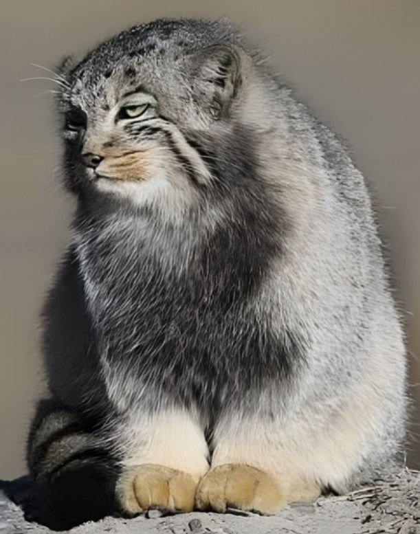 Manul with black chest, tan feet.