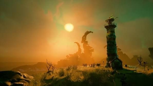 A screenshot from the game Keeper showing a lighthouse in a strange landscape