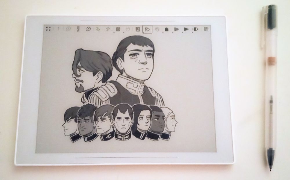Photo of the Gundam crew sketch on the Supernote screen, with the DIY Muji pen to the right.
