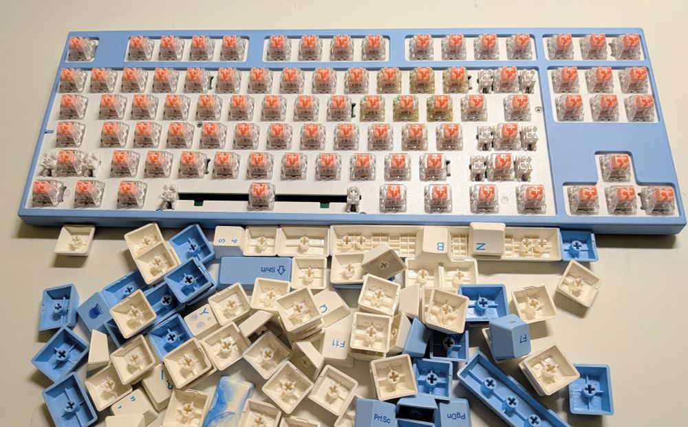 Mechanical keyboard with caps taken off to reveal cherry switches.