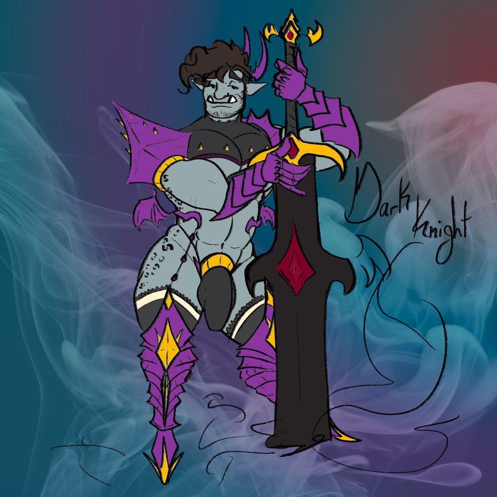 A colored sketch of Thicc wearing a skimpy costume reminiscent of a dark mage or dark knight from a JRPG. Thicc is a blue-grey orc with  leopard-like spots that crawl down his shoulders and sides. He has black-brown hair that naturally falls into short, messy curls and body hair that stretches from nipple to nipple across his chest, down his stomach and navel, inside his thighs, and an ample bush. He has short tusks, amber eyes.