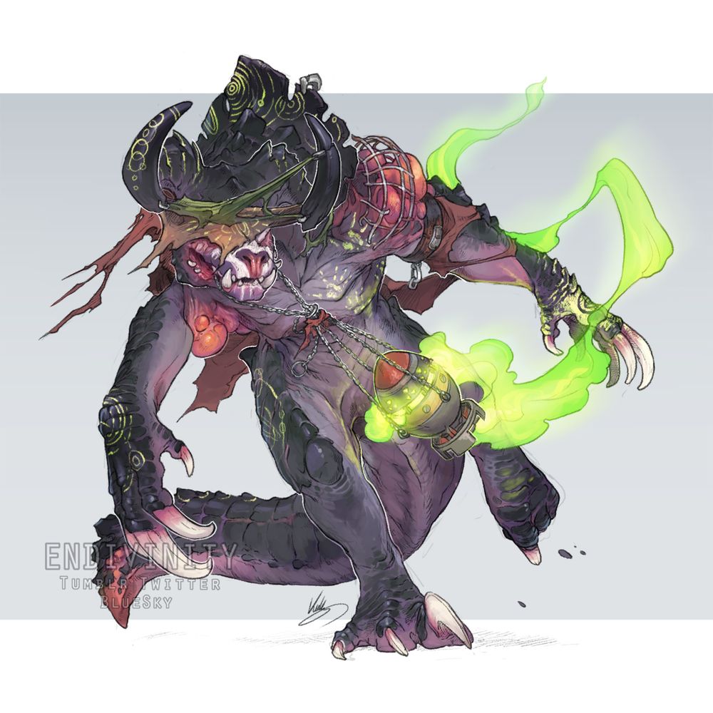 Digital artwork of a dark grey-purple deathclaw mid-sprint at the viewer. It has rags bound over where its eyes used to be, pustules around its shoulders, and pale yellow-green concentric circles and handprints decorating its scales. It carries a swinging mini-nuke turned into a radiation-burning censer in its jaws. 