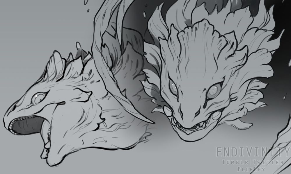 Digital sketches of two portraits of Shara Ishvalda from Monster Hunter, a draconic creature with petal-like lobes cresting its face. One is profile with its mouth open, and the other is front-on, and both stare piercingly at the viewer. 