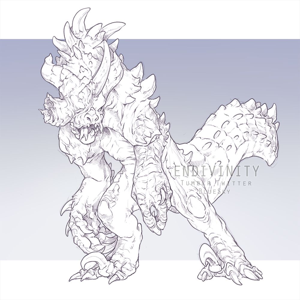 A digital linework of a somewhat heavyset deathclaw. It has slightly thicker, more rounded spikes and horns than usual. Another deathclaw's horn is speared through one eye and up through the top of its head, healed in place with scar tissue. The injury makes its jaw hang loose, dangling its tongue out. 