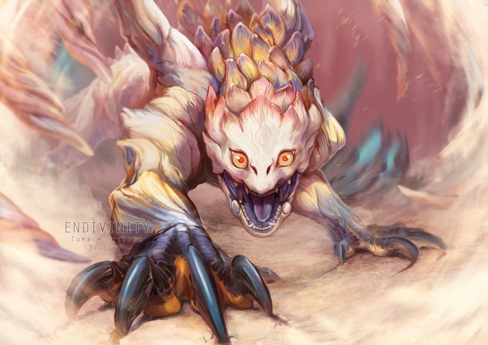 A digital painting of Shara Ishvalda from Monster Hunter. It is a quadrupedal dragon, primarily pale peach with accents in yellow, pink, and a dull blue. Its back is hunched and covered in lobed scales. It stares with piercing yellow and red eyes directly at the viewer through a whirl of dust, one hand outreached, digging into the ground from the wind pressure. 