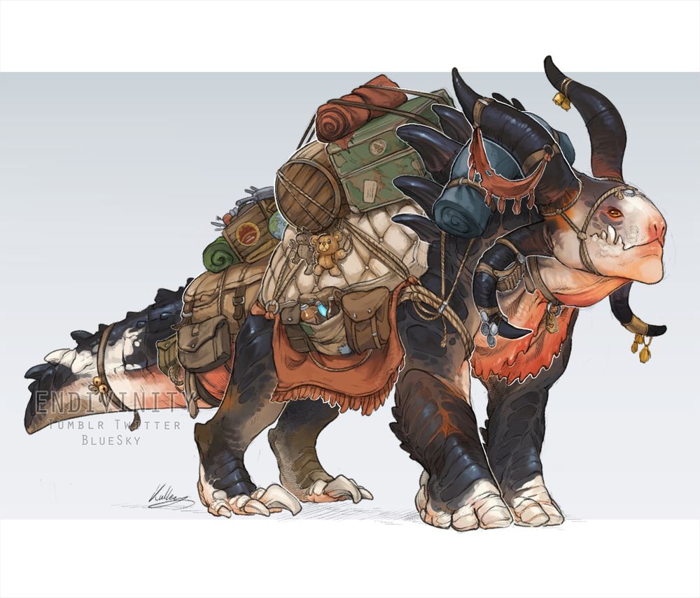 A digital illustration of a quadrupedal piebald deathclaw with horns like a jacobs sheep. It is mostly dark brown with black scaling, and pops of white at its claws, tail, and face. Saddlebags, crates, barrels and other suchlike containers are harnessed with ropes across its back. 