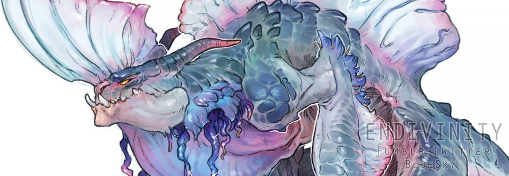 A closeup of the previous image, showcasing the deathclaw's head and torso, particularly the deep glistening blue of jellyfish tendrils along its neck. 
