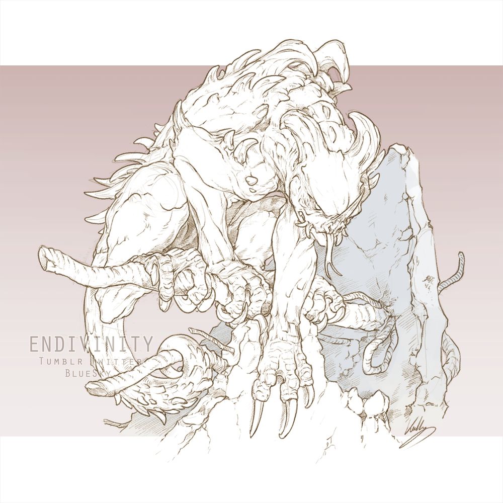 A digital lineart of a deathclaw. It sits hunched, gripping a broken rebar pole with its gnarled talons while it scents the air. Lumps and hooked spikes on its back form a shape like gargoyle wings.