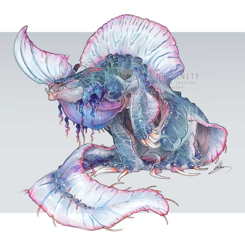 A digital artwork of a deathclaw with pale blue-grey skin and darker blue scales, featuring design aspects from a man-o'-war jellyfish. Its neck is a vivid blue-purple, and it has splaying transparent crests on its head, neck, and along its entire tail.