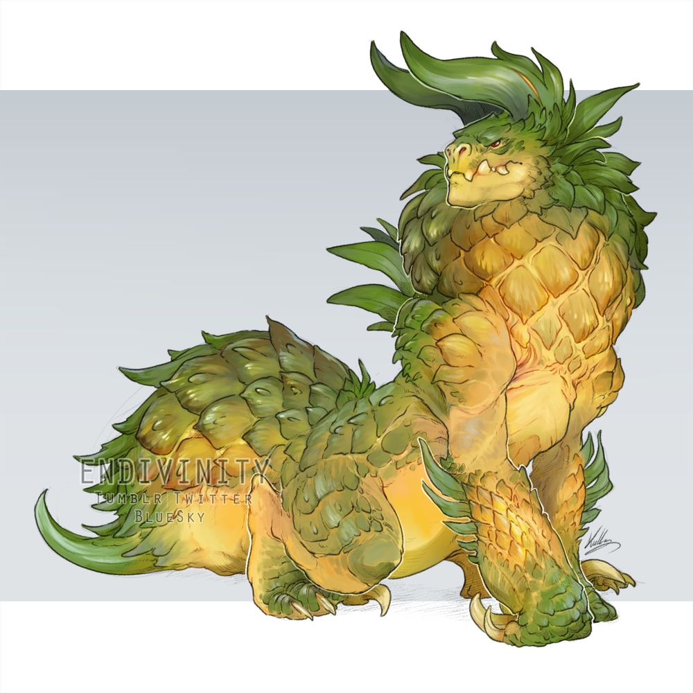 A digital image of a vibrant yellow and green deathclaw, crouched on its knuckles like a gorilla. It has an immensely rounded neck and tail, and its body is covered in diamond-shaped scales ending in long splayed green spikes. It's basically if a pineapple had a fursona. 