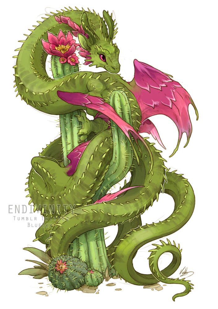 Digital art of a green serpentine dragon with vivid pink wings and lines of pale green spikes, coiled around a saguaro cactus. 