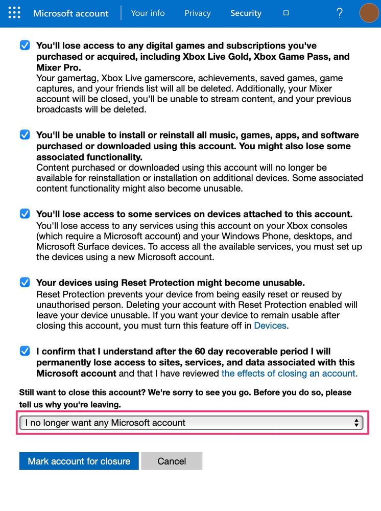 Bestätigungsseite nach der Anforderung zur Kontoschließung. Der Text bestätigt, dass das Microsoft-Konto am 30.04.2025 geschlossen wird, aber innerhalb von 60 Tagen durch erneutes Anmelden wiederhergestellt werden kann. Nach dieser Frist wird das Konto unwiderruflich gelöscht. Eine blaue Schaltfläche mit der Aufschrift „Done“ ist am unteren Rand sichtbar.