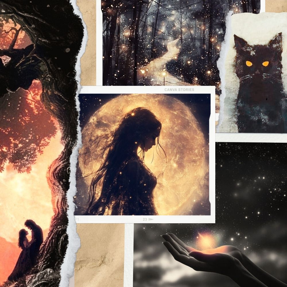 Collage of black, whkte, and gold pictures.  A couple embracing beneath a tree, a woman silhouetted against the moon, hands holding a star, a road in a forest of fireflies, and a black cat with orange eyes.