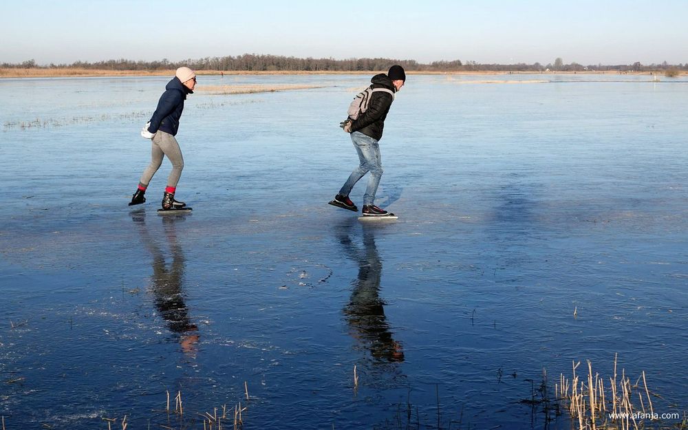schaatsers op weerspiegelend ijs